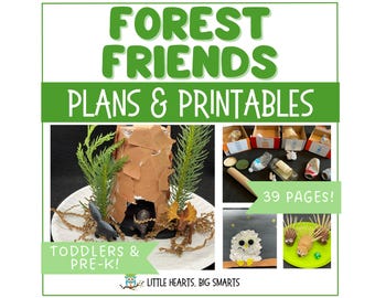 May include: A green and white graphic with the text "FOREST FRIENDS PLANS & PRINTABLES" and "TODDLERS & PRE-K!". The image shows a forest-themed craft project with 39 pages of printables.
