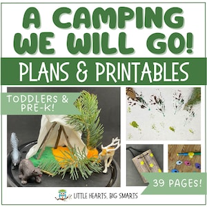 Puede incluir: Un paquete imprimible para niños pequeños y preescolares con 39 páginas de actividades con temática de campamento. La portada presenta una escena de campamento en miniatura con una tienda de campaña, un pino, un ciervo y un mapache.