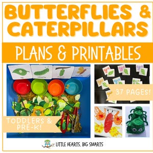 K&ouml;nnte beinhalten: Ein Satz druckbarer Unterrichtspl&auml;ne und Aktivit&auml;ten f&uuml;r Kleinkinder und Vorschulkinder zum Thema Schmetterlinge und Raupen. Das Bild zeigt eine Sinnesbox mit gr&uuml;nen Bl&auml;ttern, einer Raupe und einem Schmetterling sowie einen Satz druckbarer Karten und ein Bastelprojekt. Der Text "37 Seiten!" ist im Bild sichtbar.