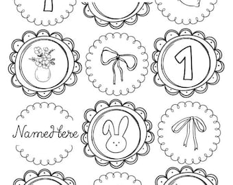 Doodle stickers/graphic for a birthday party bag/invite/customizable template