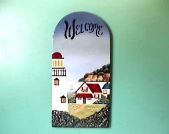 Welcome Sign #346, Cottage By the Bay, Village Lighthouse, Country Primitive Design, Coastal View, Artist Quality