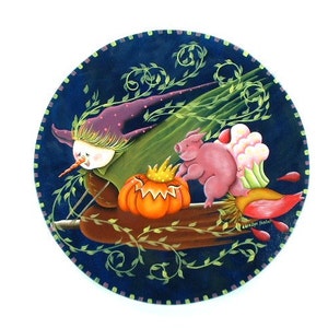 Flying Witch 702, Weird Halloween Scene with Flying Pig, Country Primitive Style Design, Artist Quality Painter & Craftsman
