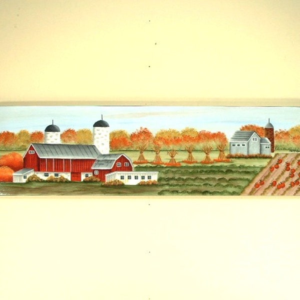 Dairy Farm 743, Fall Season Farm Scene, Red barn, Silos, Corn Fields, Country Primitive Style Design, Artist Quality Painting