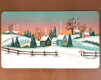 Winter Sunset 431, Snow Covered Village Scene, Country Primitives Style Design, Artist Quality Painter & Craftsman