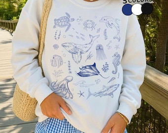 Vintage Ocean Animal Png, Sea Life Sublimation, Whale, Orca, Turtle, Fisherman Aesthetic