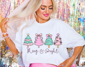 Merry and Bright Christmas Tree Coquette Png, Preppy Merry Christmas Png, Christmas Coquette Sublimation Png