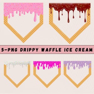 May include: Five PNG images of waffle cone ice cream with different colored drippy toppings. The waffle cones are all the same shape and have a hexagon-shaped opening. The toppings are pink, brown, white, purple, and pink. The background is a light pink with a subtle pattern.