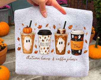 Autumn Leaves and Coffee PNG, Pumpkin Spice Sublimation, Cute Spooky Coffee Png