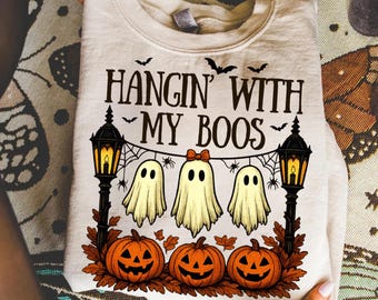 Funny Hanging Ghosts Halloween PNG, Hangin’ With My Boos Shirt Design, Halloween Ghost Png, Cute Pumpkin Bat Halloween Sublimation,Boo Ghost