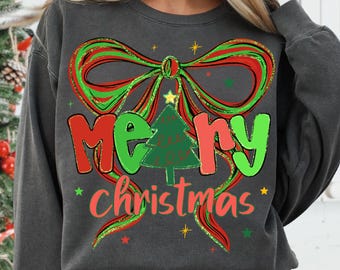 Preppy Merry Christmas Png, Christmas Coquette Sublimation Png, Glitter Christmas Shirt Png, Xmas png, Christmas Tree, Merry Christmas Bow