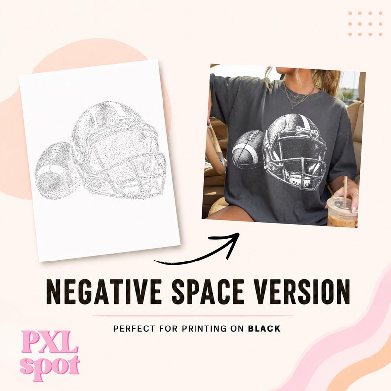 May include: A charcoal gray t-shirt featuring a white line-art graphic of a football helmet and a football. The design is also shown as a black-and-white sketch on a separate white sheet of paper. The text NEGATIVE SPACE VERSION is visible.