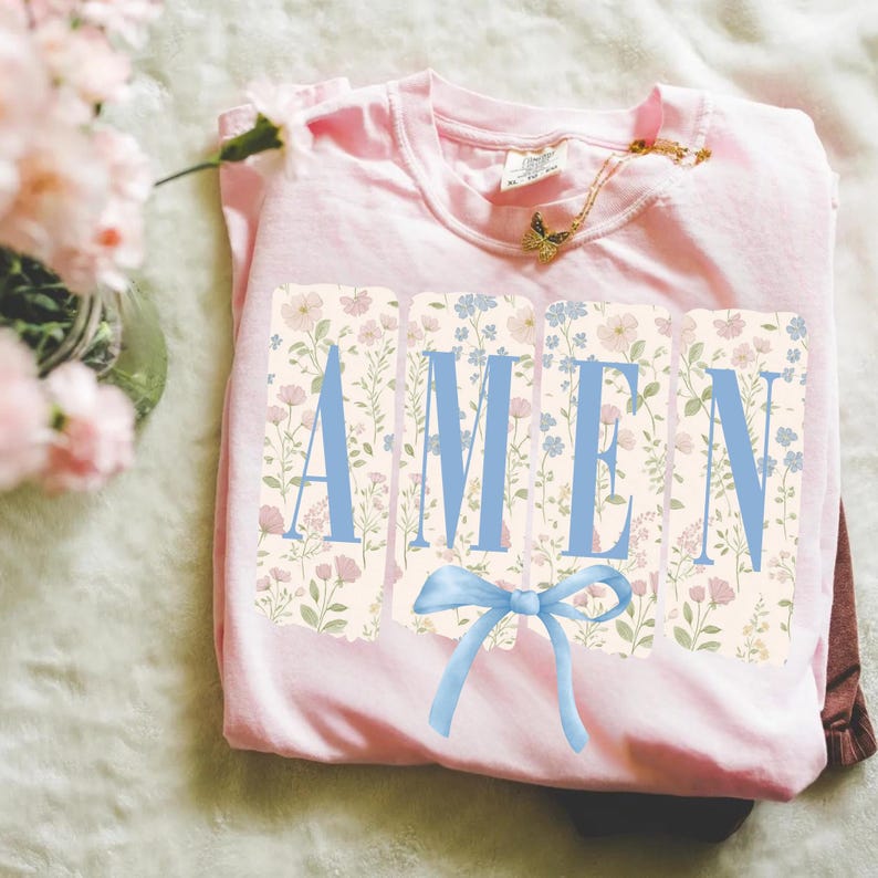 Blue Floral Amen png, Easter png, Amen Coquette Bow PNG, Christian Easter png, Floral Spring Png