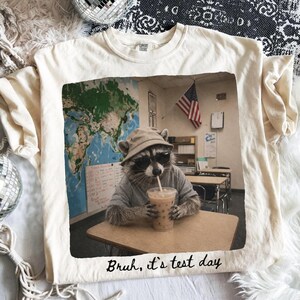 May include: Off-white t-shirt with a printed image of a raccoon in a classroom, wearing sunglasses and a hat, drinking from a cup. The image includes a world map and an American flag. The text "Bruh, it's test day" is at the bottom.