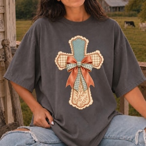 Patchwork Cross Bow Png, Christian Coquette Grandmillenial Design, Fall Faith Sublimation