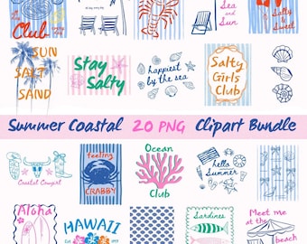 Preppy Coastal Summer PNG Bundle, 20 Trendy Beach Clipart Designs, Stay Salty Shirt Png