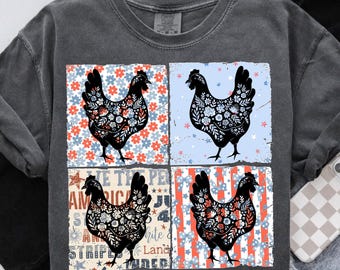 Pollo floreale patriottico in formato PNG, design per maglietta da fattoria del 4 luglio, grafica a sublimazione vintage, download digitale di gallina rossa, bianca e blu