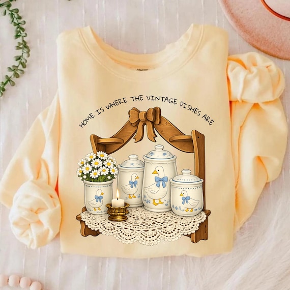 Granny Core PNG, Vintage Goose Dishes Illustration, Cozy Cottagecore Farmhouse Kitchen Shelf Art