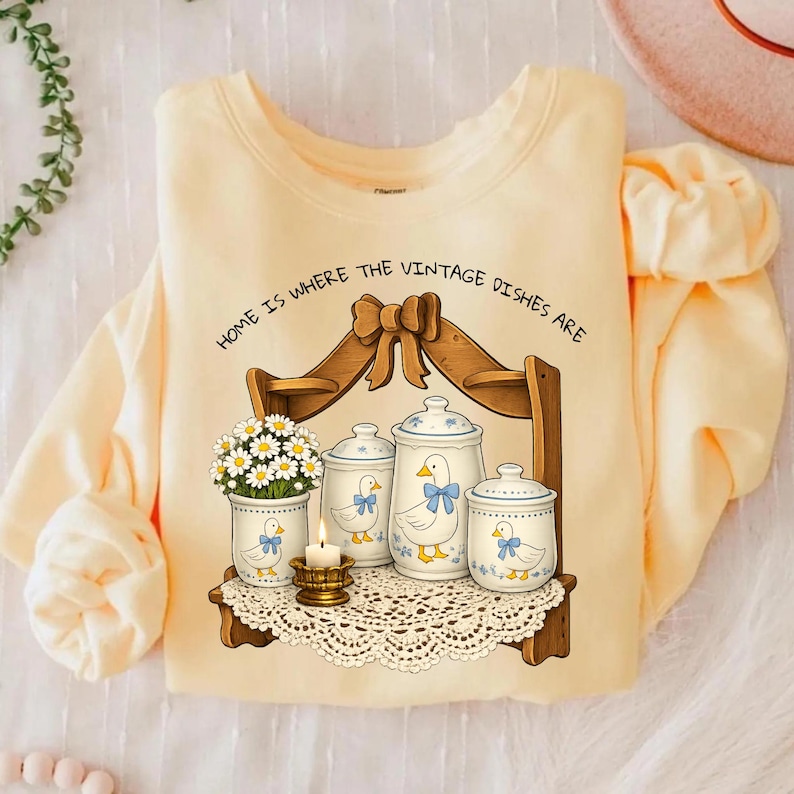 Granny Core PNG, Vintage Goose Dishes Illustration, Cozy Cottagecore Farmhouse Kitchen Shelf Art