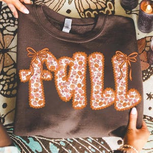 May include: A brown sweatshirt with the word "FALL" in large, decorative letters. The letters are filled with a floral pumpkin pattern and outlined in orange. Each letter has an orange bow.