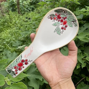 Personalized Ceramic Spoon Rest Custom Name White Glazed Spoon Holder Hand Painted Cherry Design Ceramic Utensil Rest Kitchen Gifts