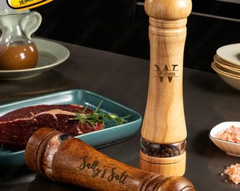 Custom Name Wooden Pepper Grinder, Rubber Wood Salt Pepper Grinder, Solid Wooden Grinder, Manual Spice Crusher Kitchen Utensils,Engrave Gift