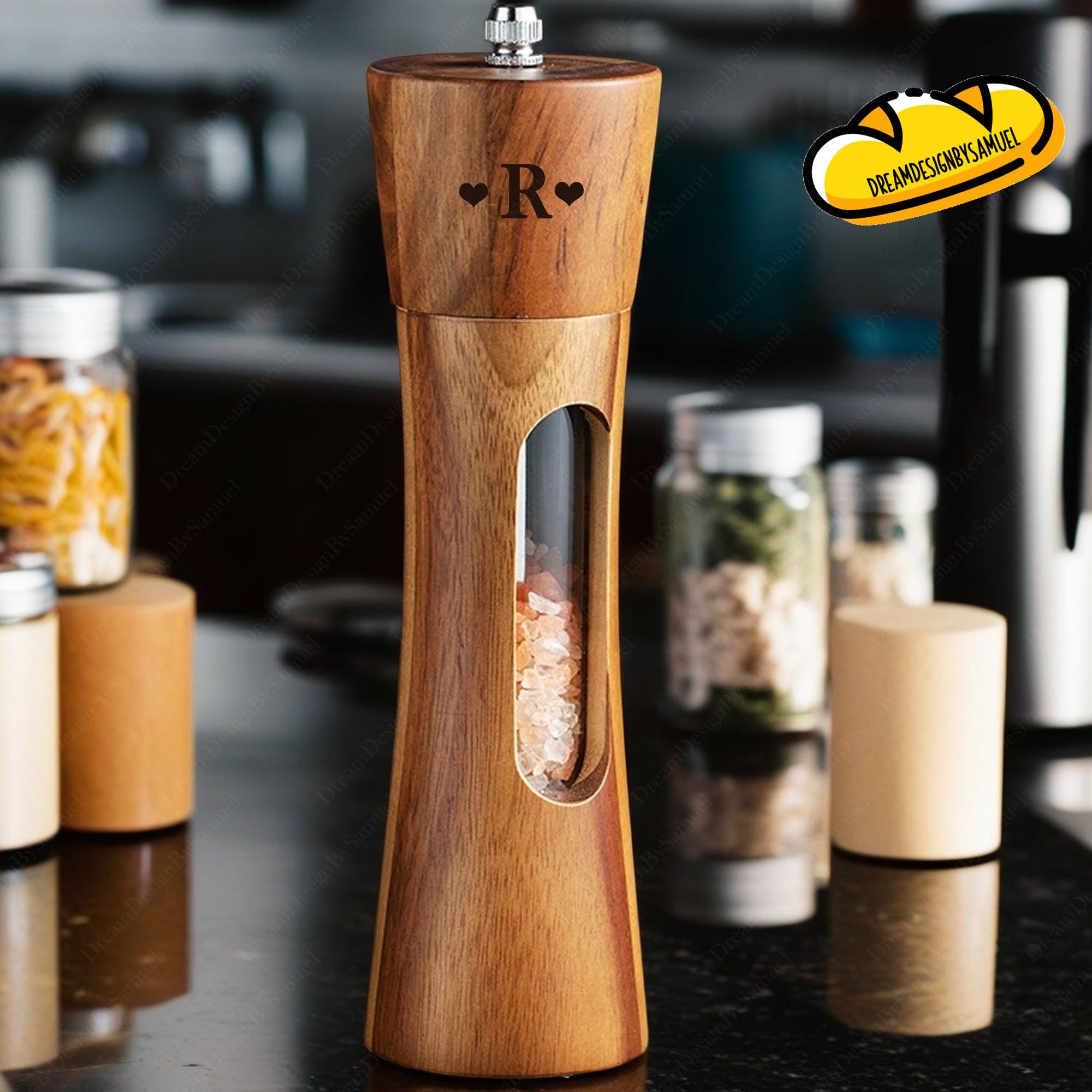 Personalised Wooden Salt Pepper Grinder,Custom Name Salt or Pepper Mill,Manual Spice Mill Crusher,Kitchen Utensils,Clear Pepper Shaker,Gifts
