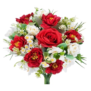 May include: A bouquet of red and white artificial flowers. The bouquet includes roses, peonies, and daisies.