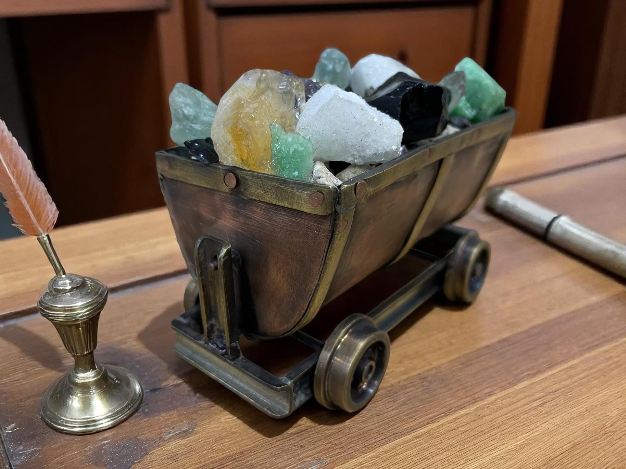 Miniature Mine Wagon with Natural Mineral Crystals—Copper & Brass Mining Cart with Natural Stones—Unique Gift, Mineral Specimen