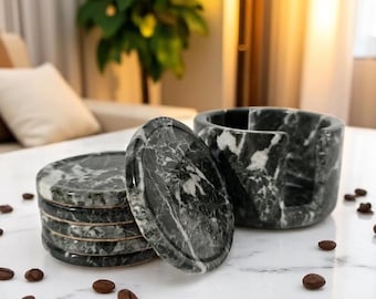 Natural Marble Coaster Set - Handmade 6-Piece Drink Coasters with Holder - Perfect for Tea, Coffee, and Decorative Use