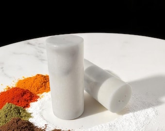 White Marble Salt & Pepper Set | Hand-Turned Minimalist Spice Shakers | Decorative Stone Kitchen Accessory | Gift for Home Chefs