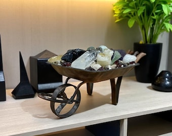 Miniature Wheelbarrow with Natural Mineral Crystals - Copper & Brass Handmade Decor for Home Office - Unique Gift, Natural Stone Specimen