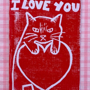 Carte chat de la Saint-Valentin A6 impression lino - Je t'aime, chat grincheux, coeur, rouge, fait maison, rose, rouge