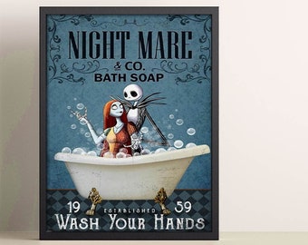 Nightmare Bathroom Restroom Toilet Canvas Poster, Jack Skellington & Sally Co Bath Soap, Wash Your Hands, Nightmare Bathroom Decor