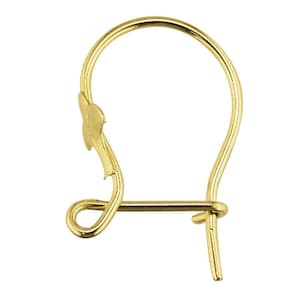 May include: A single gold-colored earring hook, designed with a curved top and a decorative floral element. The hook features a looped bottom and a straight post for securing the earring.
