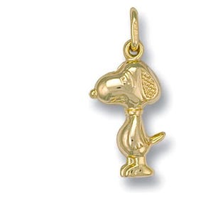 May include: A gold-coloured charm in the shape of a cartoon dog, with a loop for attachment. The dog is standing upright with a detailed head, body, and tail. The charm is likely made of gold or a gold-coloured metal.
