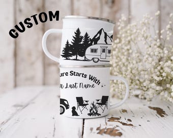 Personalized Enamel Camping Mug: Custom Dog & Camper Design