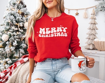 Retro Groovy Merry Christmas-sweater, kerstshirt voor vrouwen, familiekerst sweater met ronde hals, vakantietrui