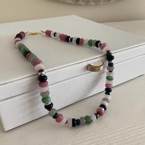 Green Beaded Necklace | Rainbow Gemstone Candy Bead Necklace | Summer Gemstone Candy Necklace | Beaded Rondelle Summer Statement Necklace