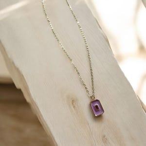 Gold Rectangular Amethyst Colored Pendant Necklace, Purple Pendant Necklace - 18k Gold Plated, Gold Gift Necklace, Amethyst Stone Necklace