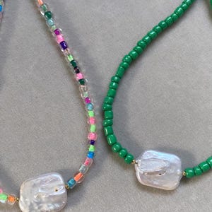 Adjustable Seed Bead Necklace, Green Beaded Necklace, Multi Color Beaded Necklace, Seed Bead Necklace with Baroque Pearl, Seed Bead Necklace