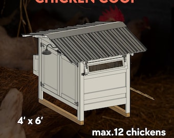 May include: A white and gray chicken coop with a corrugated metal roof. The coop is labeled "CHICKEN COOP" and measures 4' x 6'. It is designed to house a maximum of 12 chickens. A small light fixture is mounted on the side.