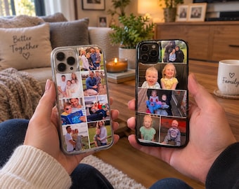 Op de afbeelding: Twee smartphonehoesjes met aangepaste fotocollages. Het linkerhoesje is transparant met een raster van acht familiefoto's. Het rechterhoesje is zwart met een raster van zes foto's, waaronder een foto van een persoon bij een gorillabeeld.