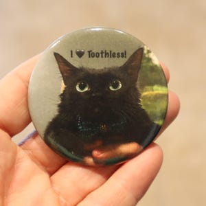 Puede incluir: Un botón redondo con un gato negro de ojos verdes. El botón tiene un fondo gris y el texto "I ♥ Toothless!" impreso en él.