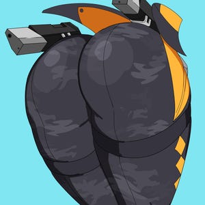 Puede incluir: Una ilustración digital de unos leggings de camuflaje gris oscuro con detalles en negro y patrones de diamantes naranjas en el lateral, junto con dos accesorios rectangulares de color gris metálico y negro fijados en la parte superior.