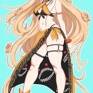 May include: Illustration of a woman in a black and yellow bikini, sarong, and sandals. She wears a wide-brimmed hat and has long blonde hair. The sarong has the text "Lust Shaker" on it. The background is light blue.