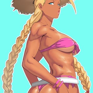 Puede incluir: Ilustración de dibujos animados de una mujer con bikini rosa y sombrero de paja, con largas trenzas rubias. La obra de arte tiene un fondo azul claro. La mujer tiene la piel bronceada y mira por encima del hombro.