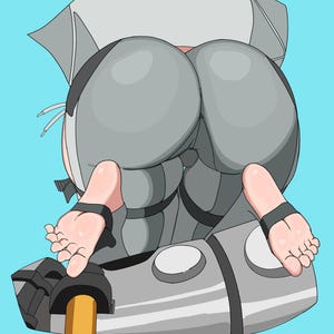 May include: A digital illustration of a figure wearing grey leggings and dark straps, positioned in a kneeling stance on a metallic grey cylindrical object with circular details and a yellow accent, set against a solid light blue background.