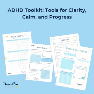 Op de afbeelding: Een printbare toolkit voor het beheren van ADHD, met een dagelijkse gewoontetracker, een vision board en een takenlijst met een "Reflecteren en aanpassen"-sectie. De pagina's zijn versierd met sterren, harten en andere grillige illustraties.