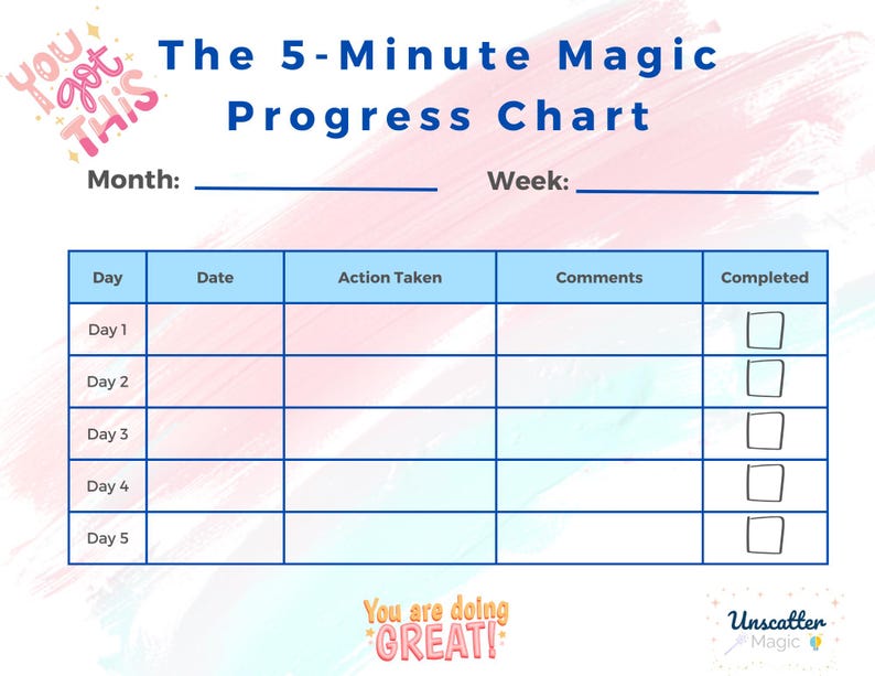 May include: A pink and blue progress chart with the title "The 5-Minute Magic Progress Chart". The chart has columns for Day, Date, Action Taken, Comments, and Completed. There are five rows for each day of the week. Each row has a checkbox for "Completed".