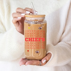 Kansas City Chiefs Iced Coffee Cup, Chiefs Glass Cup with Lid and Straw, Kansas City Chiefs Cup, 16 oz Iced Coffee Cup